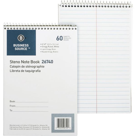 Business Source Steno Pad 6" x 9" - Gregg Ruled - White Paper - 60 Sheets/ Pad - 1 Each