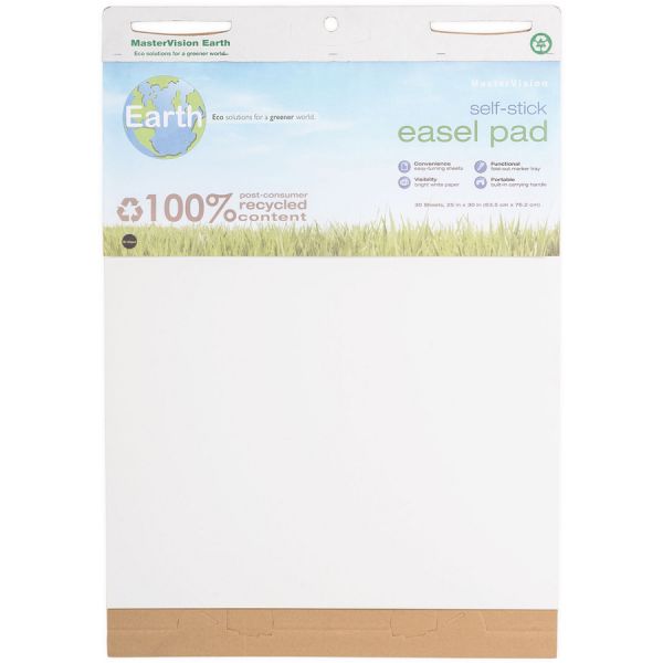 MasterVision Earth 100% PC Self-Stick Easel Pads 25" x 30" Sheet Size - 80 lb Paper Weight - White - 30 Sheets/ Pad - 2 Pads/ Carton