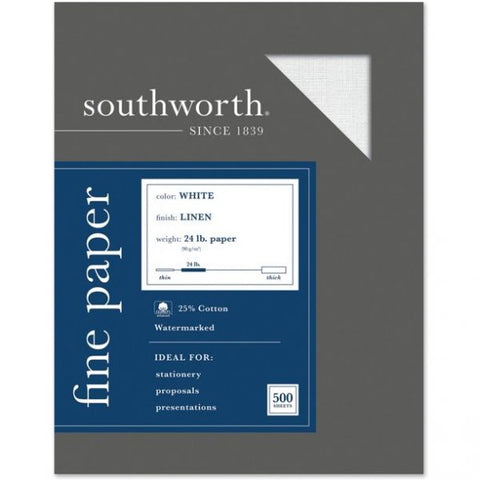 Southworth 25% Cotton Linen Business Paper, 91 Bright, 24 lb Bond Weight, 8.5 x 11, White, 500/Ream