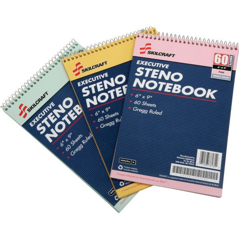 SKILCRAFT Steno Notebooks 9" x 6" - Gregg Ruled - Wire Binding - 60 Sheets - Assorted Cover Colors - 3/ Pack