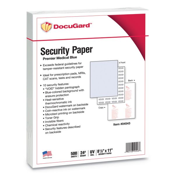 DocuGard Medical Security Papers, 24 lb Bond Weight, 8.5 x 11, Blue, 500/Ream