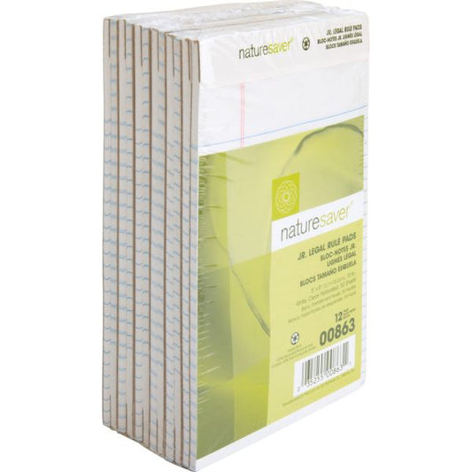 Nature Saver 100% Recycled Junior Legal Pads 5" x 8" - Legal Ruled - Perforated - 50 Sheets/ Pad - 12 Pads - White