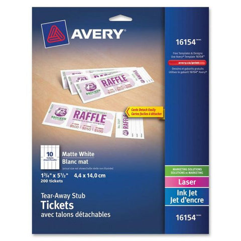 Avery Perforated Raffle Tickets with Tear-Away Stubs - 2-Sided Printing 1 3/4" x 5 1/2" Length - Laser, Inkjet - Matte White - 20 / Sheet - 1000 / Carton