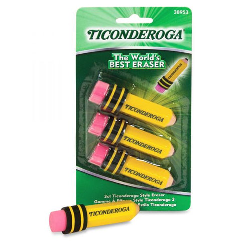 Ticonderoga Shaped Eraser, For Pencil Marks, Pencil Shaped, Small, Yellow/Green/Pink, 3/Pack