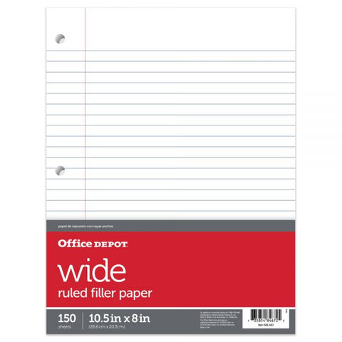 Notebook Filler Paper, Wide Ruled, 8" x 10 1/2", 3-Hole Punched, White, Pack Of 150 Sheets