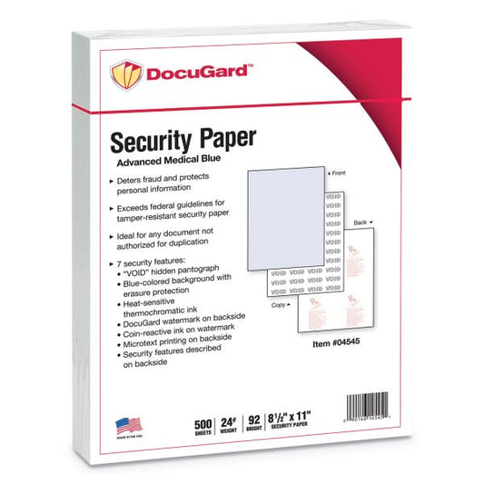 DocuGard Medical Security Papers, 24 lb Bond Weight, 8.5 x 11, Blue, 500/Ream