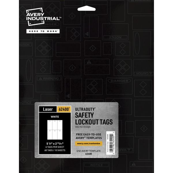 Avery UltraDuty Lock Out Tag Out Hang Tags 2.92" Length x 5.50" Width - 60 / Pack - Plastic - White