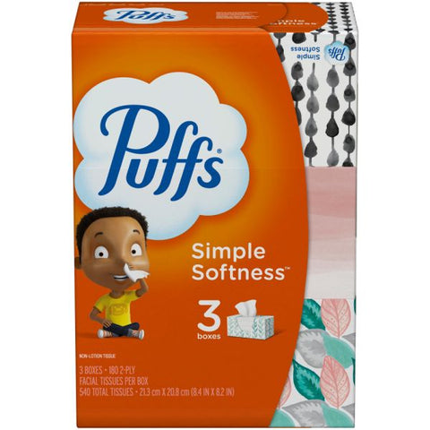 Puffs White Facial Tissue, 2-Ply, White, 180 Sheets/Box, 3 Boxes/Pack, 8 Packs/Carton