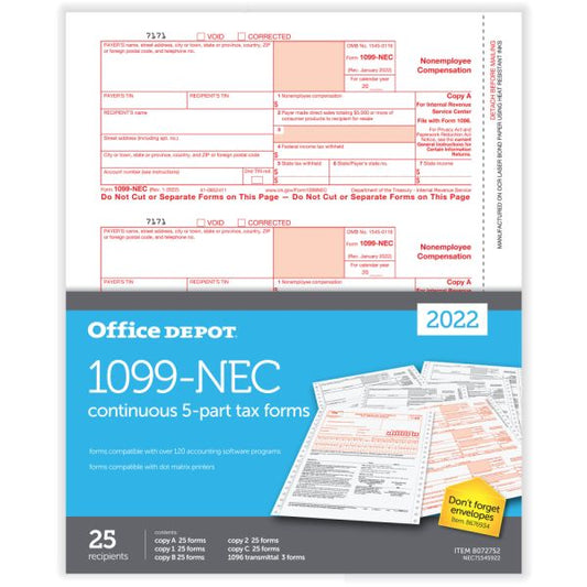 1099-NEC Continuous Tax Forms, 5-Part, 3-Up, 9" x 11", Pack Of 25 Form Sets