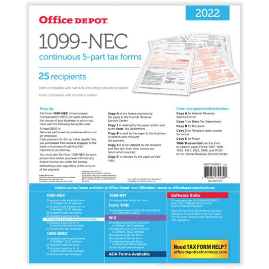 1099-NEC Continuous Tax Forms, 5-Part, 3-Up, 9" x 11", Pack Of 25 Form Sets