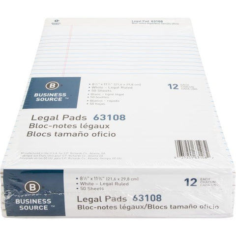 Business Source Letter-Size Legal Pads 8.50" x 11.75" - Wide Ruled - Perforated - 50 Sheets/ Pad - 12 Pads - White