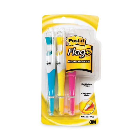 Post-it Flag+ Highlighter, Assorted Ink/Flag Colors, Chisel Tip, Assorted Barrel Colors, 3/Pack