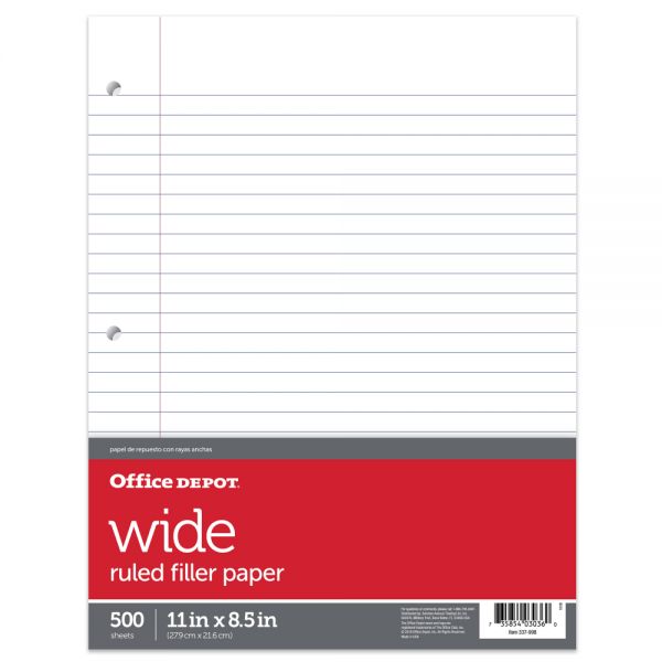 Ruled Filler Paper, 8 1/2" x 11", Wide Ruled, White, Pack Of 500 Sheets