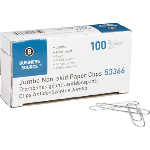 Business Source Jumbo Nonskid Paper Clips Jumbo - Nonskid Finish - 100/ Box - 10 Boxes/ Pack - Silver