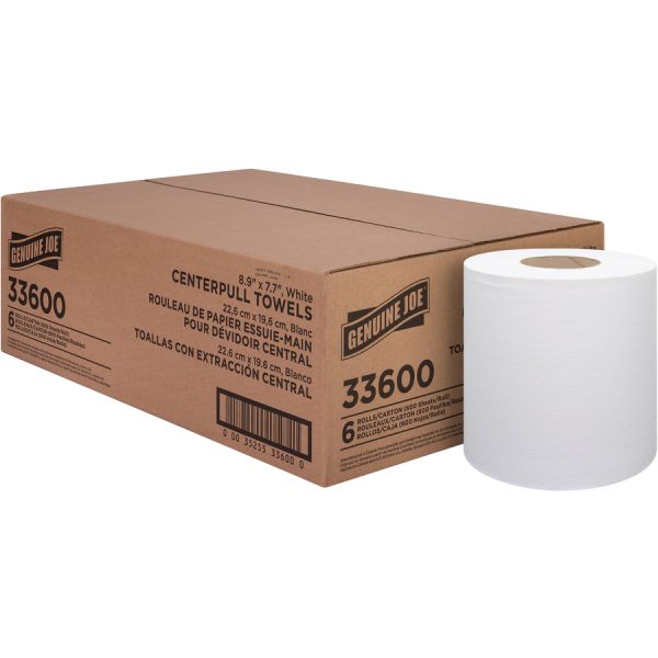 Genuine Joe Centerpull Towel Rolls 600 Sheets/Roll - White - Virgin Fiber - Center Pull, Soft, Absorbent - For Washroom - 6 / Carton