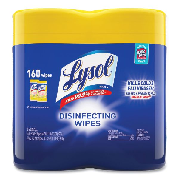 LYSOL Brand Disinfecting Wipes, 7 x 7.25, Lemon and Lime Blossom, 80 Wipes/Canister, 2 Canisters/Pack, 3 Packs/Carton