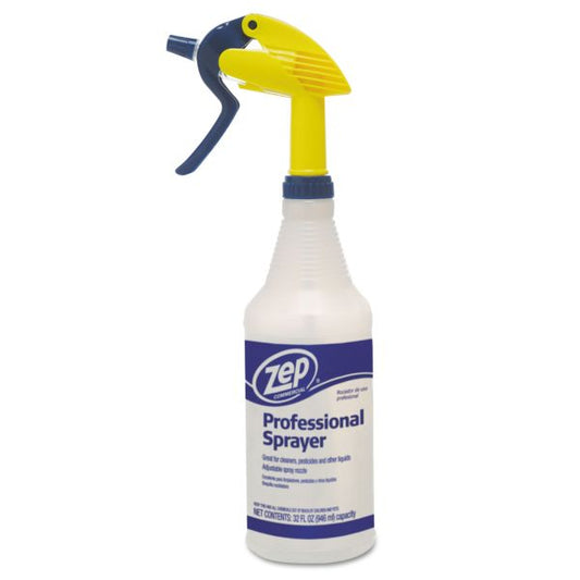 Zep Commercial Professional Spray Bottle w/Trigger Sprayer, 32 oz, Clear Plastic