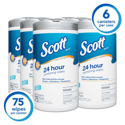 Scott 24-Hour Sanitizing Wipes, White, 75 Sheets Per Pack, Case Of 6 Packs