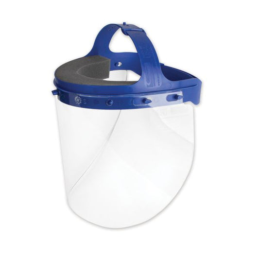 Suncast Commercial Fully Assembled Full Length Face Shield with Head Gear, 16.5 x 10.25 x 11, Clear/Blue, 16/Carton