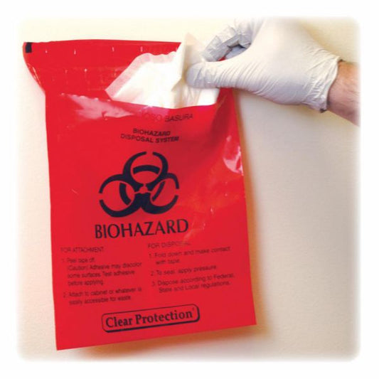 CareTek Stick-On Biohazard Waste Bags, 1.4 qt, 2 mil, 9" x 10", Red, 100/Box