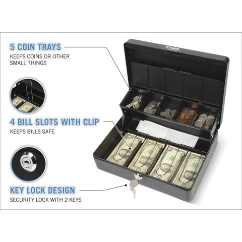 CARL Bill Slots Steel Security Cash Box 4 Bill - 5 Coin - Steel - Black - 3.5" Height x 10" Width x 7" Depth