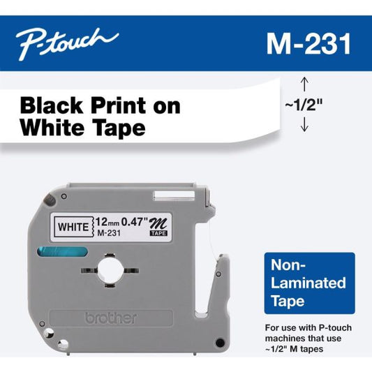 Brother P-Touch M Series Tape Cartridge for P-Touch Labelers, 0.47" x 26.2 ft, Black on White