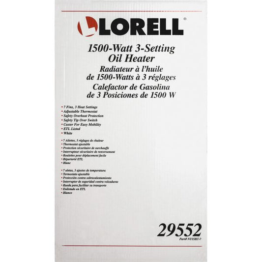 Lorell 1500 Watt 3-Setting Oil Filled Heater Oil Filled - Electric - 1500 W - 3 x Heat Settings - White