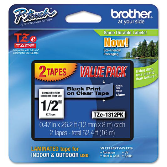 Brother P-Touch TZe Standard Adhesive Laminated Labeling Tapes, 0.47" x 26.2 ft, Black on Clear, 2/Pack