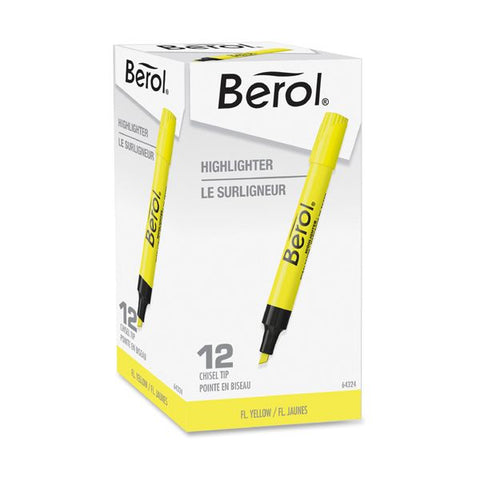 Berol 4009 Chisel Tip Highlighter, Fluorescent Yellow Ink, Chisel Tip, Yellow/Black Barrel, Dozen