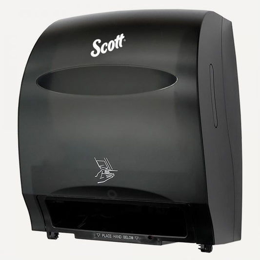 Scott Essential Electronic Hard Roll Towel Dispenser, 12.7 x 9.57 x 15.76, Black Touchless Dispenser - 15.8" Height x 12.7" Width x 9.6" Depth - Smoke - Durable, Key Lock, Jam Resistant, Emergency Feed Knob, Spring Lock - 1 / Carton