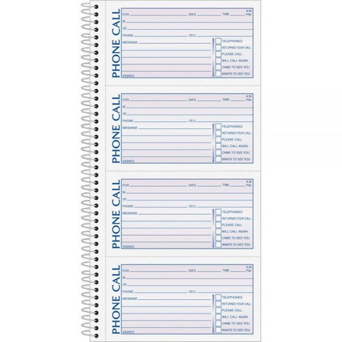 TOPS Spiralbound Message Book, Two-Part Carbonless, 5 x 2.75, 4 Forms/Sheet, 400 Forms Total