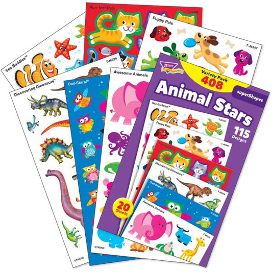 Trend Animal Fun Stickers Variety Pack Fun, Animal Theme/Subject - Sea Buddies, Owl-Stars, Puppy Pals Shape - Photo-safe, Non-toxic, Acid-free - 8" Height x 4.13" Width x 6.63" Length - Multicolor - 488 / Pack