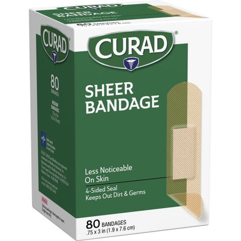 Curad Sheer Bandage Strips 0.75" x 3" - 80/Box - Sheer, Clear - Fabric