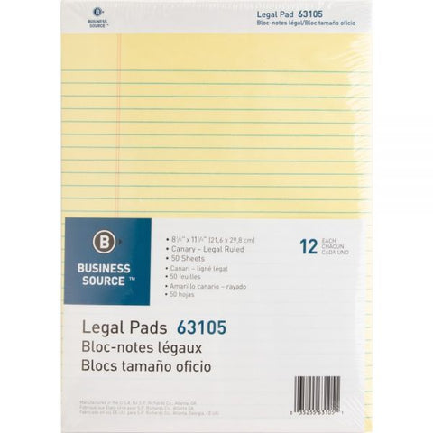 Business Source Letter-Size Legal Pads 8.50" x 11.75" - Wide Ruled - Perforated - 50 Sheets/ Pad - 12 Pads - Canary