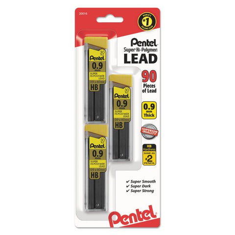 Pentel Super Hi-Polymer Lead Refills, 0.9mm, HB, Black, 30/Tube, 3 Tubes/Pack