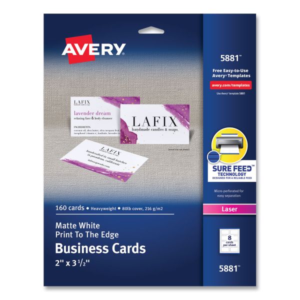 Avery Print-to-the-Edge Microperf Business Cards w/Sure Feed Technology, Color Laser, 2x3.5, White, 160 Cards, 8/Sheet,20 Sheets/PK