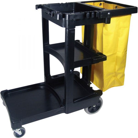 Rubbermaid Commercial Janitor Cart With Zipper Yellow Vinyl Bag 21.75" x 46" x 38.38" - 3 Shelves - 25 Gallon Capacity Bag - Black