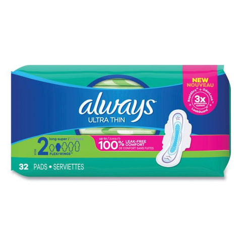 Always Ultra Thin Pads with Wings, Size 2, Long, Super Absorbent, 32/Pack, 3 Packs/Carton