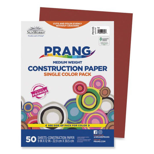 Prang SunWorks Construction Paper, 50 lb Text Weight, 9 x 12, Red, 50/Pack