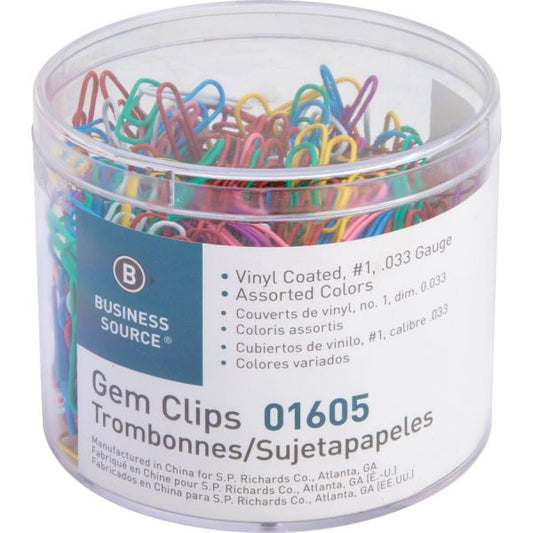 Business Source Vinyl-coated Gem Clips Small - No. 1 - 1.8" Length x 0.5" Width - for Paper - Rust Resistant - 500 / Box - Assorted