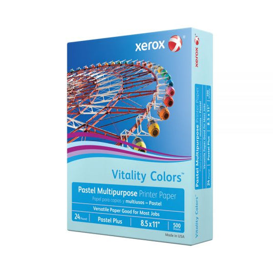 Xerox Vitality Colors Pastel Plus Colored Multi-Use Print & Copy Paper, Letter Size (8 1/2" x 11"), 24 Lb, 30% Recycled, Blue, Ream Of 500 Sheets