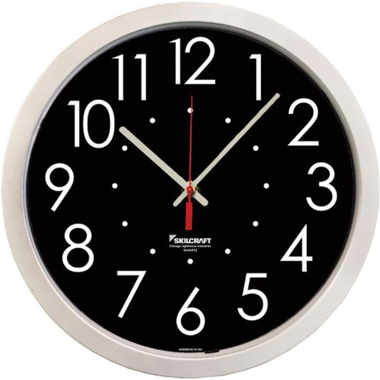 SKILCRAFT High Contrast Quartz Wall Clock Analog - Quartz - Black Main Dial - Plastic Case - TAA Compliant