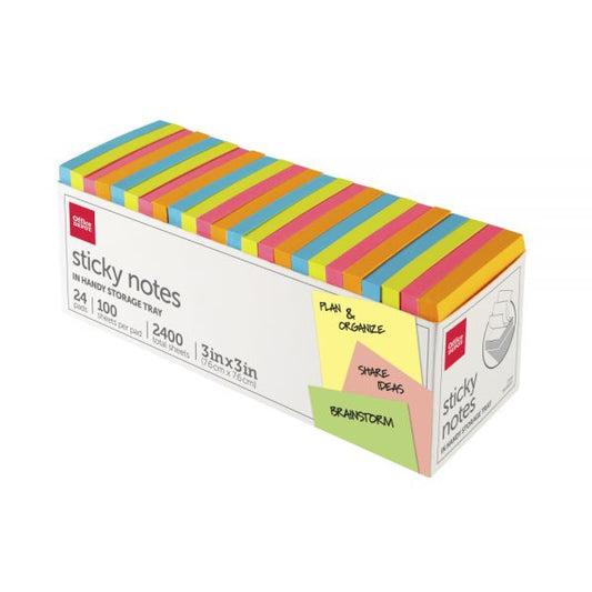 Sticky Notes, With Storage Tray, 3" x 3", Assorted Neon Colors, 100 Sheets Per Pad, Pack Of 24 Pads