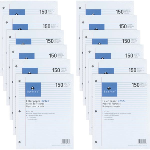 Sparco College Ruled Loose Leaf Paper 8" x 10.50" - College Ruled - 16 lb Paper Weight - 3-Hole Punched - White - 150 Sheets/ Pack - 12 Packs/ Bundle