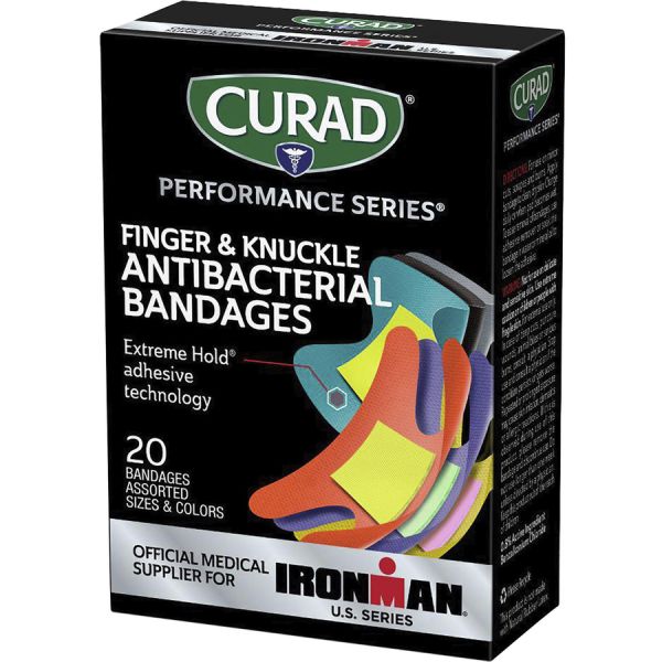 Curad Finger/Knuckle Antibacterial Bandage Assorted Sizes - 1.75" x 2" , 1.50" x 3" - 1/Box - 20 Per Box - Multi - Fabric