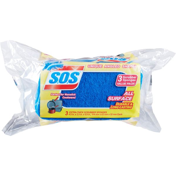 S.O.S. Scrubbing Sponges 3" x 5.25" x 1" - Blue - 3/ Pack