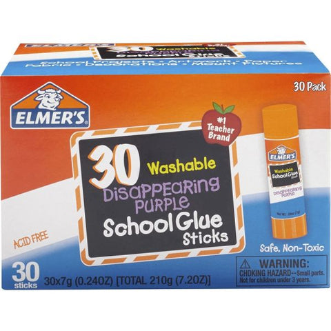 Elmer's Washable School Glue Sticks, 0.24 oz, Applies Purple, Dries Clear, 30/Box