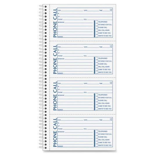 Adams Spiral Bound Phone Message Books 400 Sheet(s) - Spiral Bound - 2 Part - 5.25" x 11" Sheet Size - Assorted Sheet(s) - Recycled - 1 Each