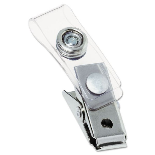 Swingline GBC Badge Clips with Plastic Straps, 0.5" x 1.5", Clear/Silver, 100/Box