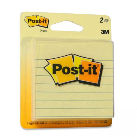 Post-it 3" x 3" Ruled/Lined Notes 3" x 3" - Yellow - 100 Sheets/ Pad - 2 Pads/ Pack